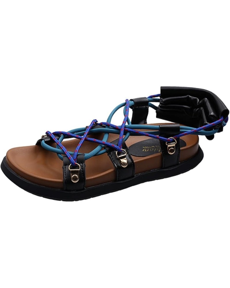 Women Casual Flats Sandals Holiday Vintage Cross Strap Lace-up Wide Open Toe Ladies Roman Sandal Black 1 Black&blue (1) $22.5...