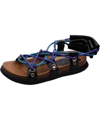 Women Casual Flats Sandals Holiday Vintage Cross Strap Lace-up Wide Open Toe Ladies Roman Sandal Black 1 Black&blue (1) $22.5...