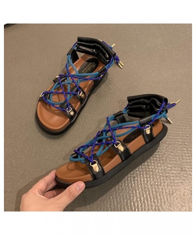 Women Casual Flats Sandals Holiday Vintage Cross Strap Lace-up Wide Open Toe Ladies Roman Sandal Black 1 Black&blue (1) $22.5...