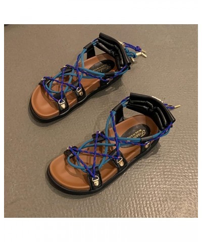 Women Casual Flats Sandals Holiday Vintage Cross Strap Lace-up Wide Open Toe Ladies Roman Sandal Black 1 Black&blue (1) $22.5...