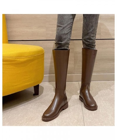 Women Chunky Low Heel Riding Boot Ladies Back Zipper Platform Faux Leather Round Toe Knee High Boot Brown Velvet $32.75 Boots