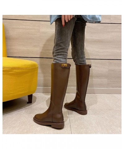 Women Chunky Low Heel Riding Boot Ladies Back Zipper Platform Faux Leather Round Toe Knee High Boot Brown Velvet $32.75 Boots