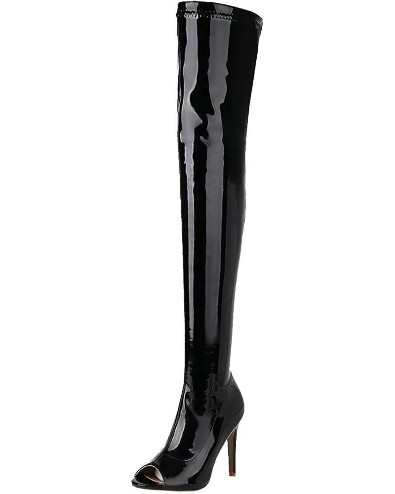 Womens Peep Toe Stiletto Thigh High Boots Patent Over Knee High Heel Boots Black $42.60 Boots