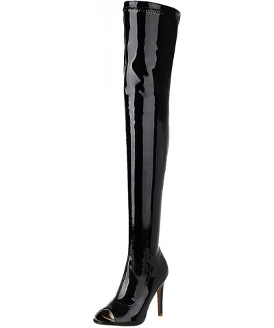 Womens Peep Toe Stiletto Thigh High Boots Patent Over Knee High Heel Boots Black $42.60 Boots