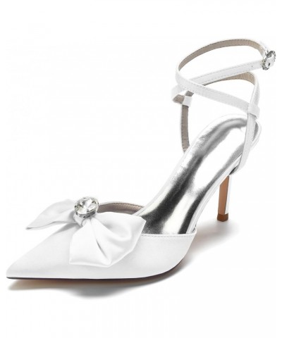 Womens Rhinestones Buckle Wedding Heels 8.5CM Closed Toe Ankle Strap Knot Pumps Satin Slingback Shoes White US 6.5 $31.37 Pumps