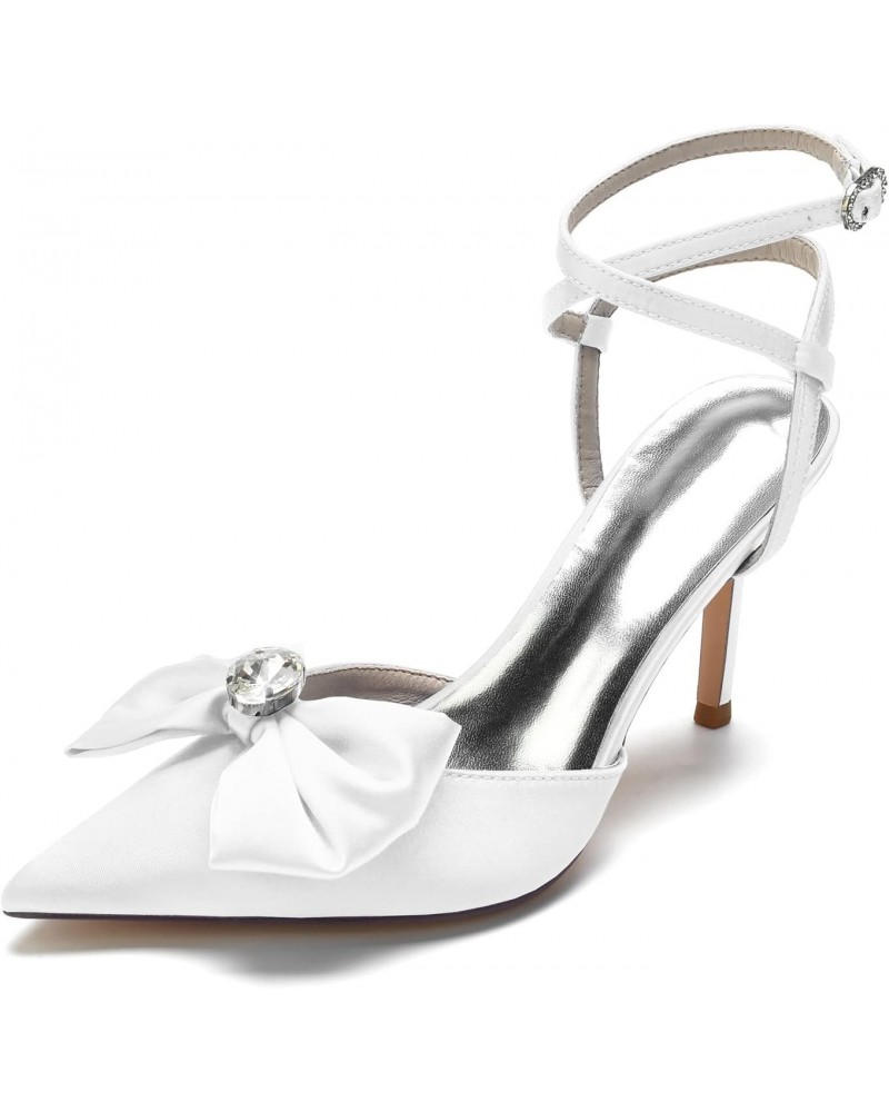 Womens Rhinestones Buckle Wedding Heels 8.5CM Closed Toe Ankle Strap Knot Pumps Satin Slingback Shoes White US 6.5 $31.37 Pumps