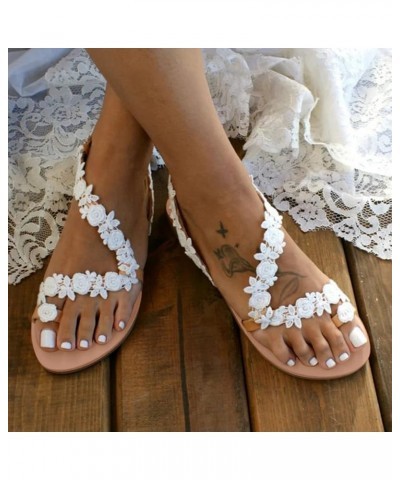 Women's lace lace flat sandals Comfort Slip Flats Sandals Summer Flowers Toe Beach shoes Casual Breathable Flip Flops Brown $...