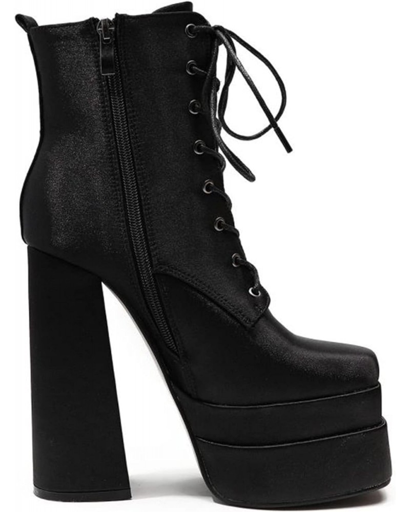 Women's Platform Boots Chunky Heel Square Toe Lace Up Pu Leather Boots $21.10 Boots