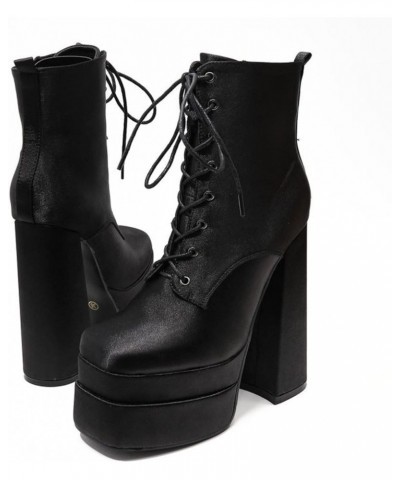 Women's Platform Boots Chunky Heel Square Toe Lace Up Pu Leather Boots $21.10 Boots