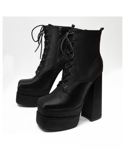 Women's Platform Boots Chunky Heel Square Toe Lace Up Pu Leather Boots $21.10 Boots