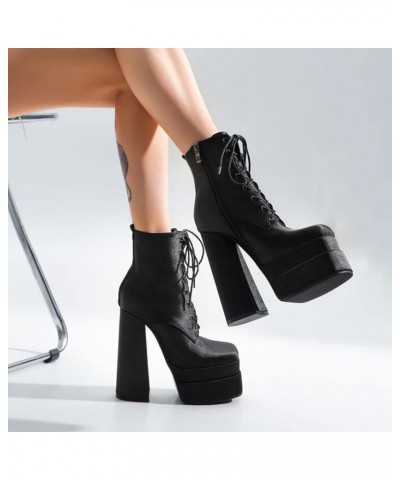 Women's Platform Boots Chunky Heel Square Toe Lace Up Pu Leather Boots $21.10 Boots