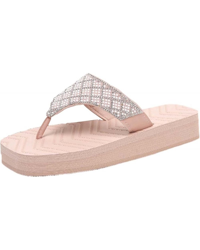 Beach Flip Flops, Women Summer Beach Slippers Pearl Rhinestone Flip Flops Pink $11.10 Outdoor Shoes