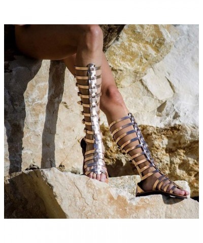 Women's Flat Gladiator Sandals Buckle Strap Lace Up Zipper Knee High Boots Sandals Open Toe Roman Shoes Casual Summer Ladies ...