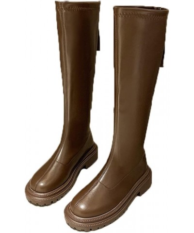 All-match Wide Calf Boot for Woman Wearable Snow Days Riding Girls Military Thick Bottom Back-zip Knight Boots Brown $29.30 B...