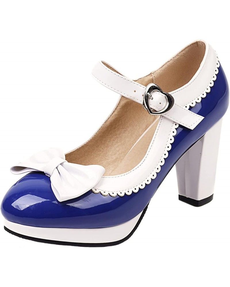 Womens Fashion 7CM High Heels Sweet Bownot Lolita Princess Single Shoes Platform Ankle Strap Maid Mary Jane Pumps Royal Blue ...