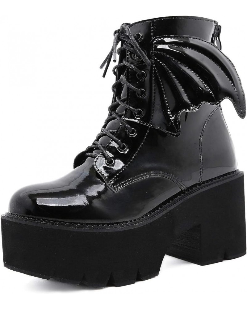 Women's Black Goth Platform Ankle Boots with Bat Wing Buckles Chunky Block Heels Round Toe Zipper Punk Motorcycle Combat Boot...