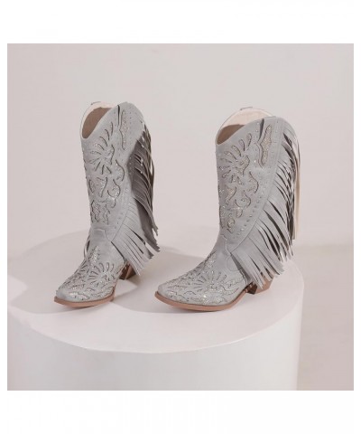 Women's Western Tassel Cowboys Boots Hollow Out Chunky Heeled Ankle Boots Snip Toe Pull On Short Booties Grey $35.63 Boots