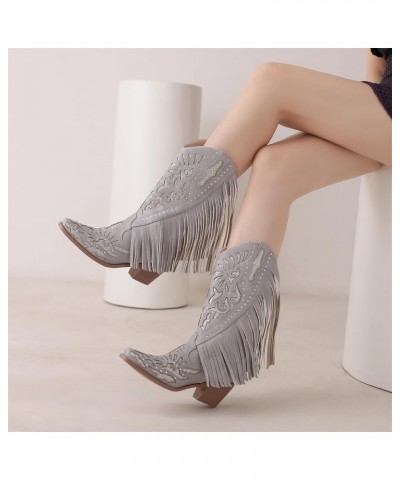 Women's Western Tassel Cowboys Boots Hollow Out Chunky Heeled Ankle Boots Snip Toe Pull On Short Booties Grey $35.63 Boots