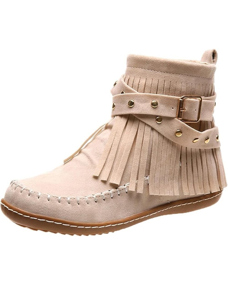 Cowboy Boots for Women,Womens Ankle Booties Tassel Velvet Buckle Strap Round Toe Fashion Winter Warm Western Boots Beige $18....