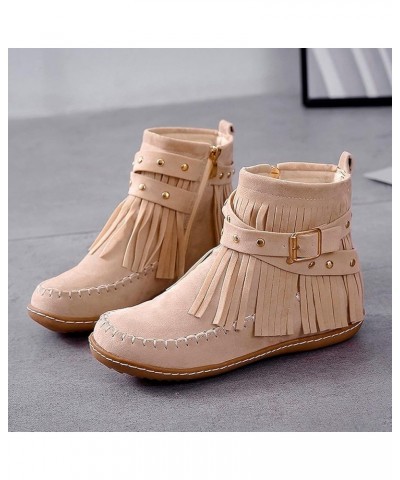 Cowboy Boots for Women,Womens Ankle Booties Tassel Velvet Buckle Strap Round Toe Fashion Winter Warm Western Boots Beige $18....