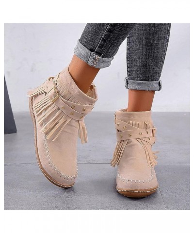 Cowboy Boots for Women,Womens Ankle Booties Tassel Velvet Buckle Strap Round Toe Fashion Winter Warm Western Boots Beige $18....