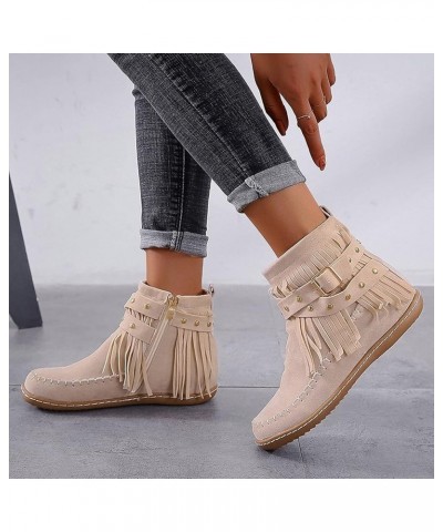 Cowboy Boots for Women,Womens Ankle Booties Tassel Velvet Buckle Strap Round Toe Fashion Winter Warm Western Boots Beige $18....