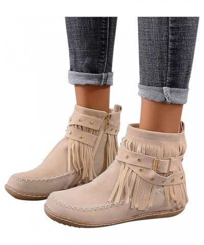 Cowboy Boots for Women,Womens Ankle Booties Tassel Velvet Buckle Strap Round Toe Fashion Winter Warm Western Boots Beige $18....