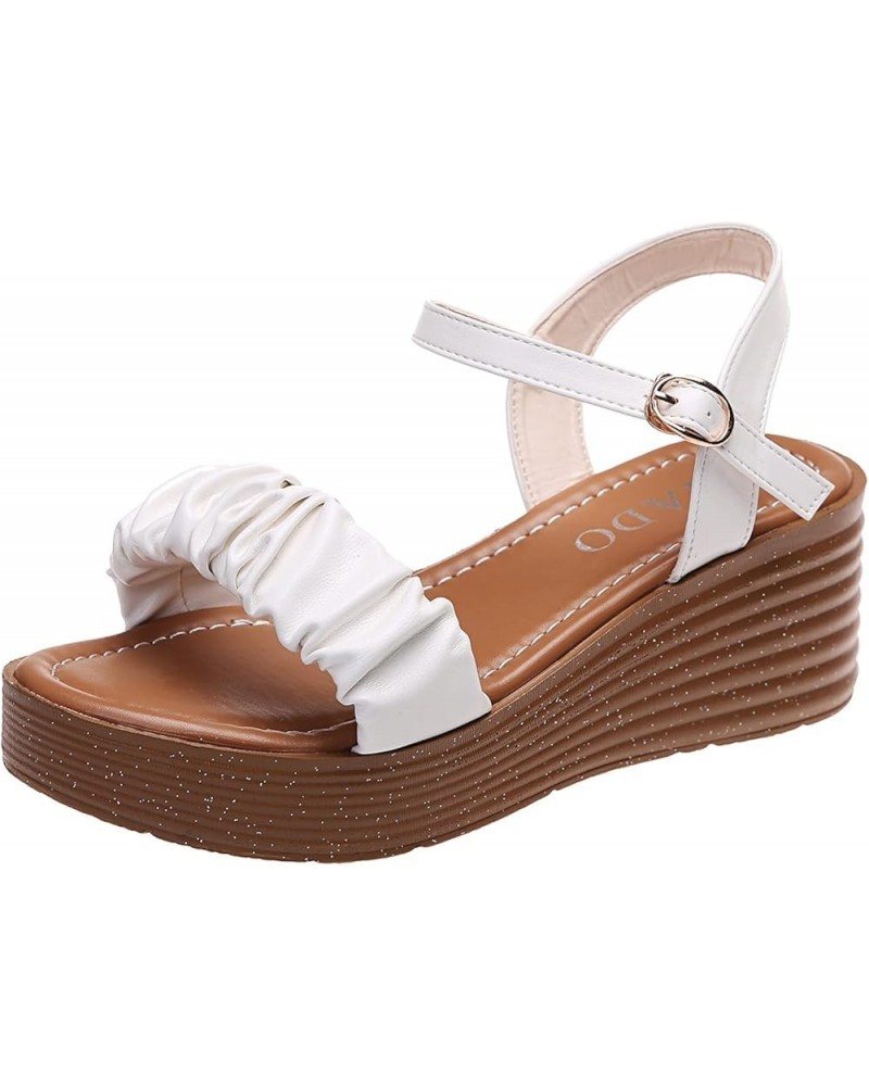 Women Platform Sandals Buckle Color Open Pleated Solid Platform Toe Wedge Ladies Sandals Fashion Casual Women's Sandals (Whit...