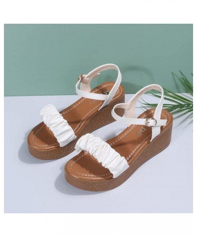 Women Platform Sandals Buckle Color Open Pleated Solid Platform Toe Wedge Ladies Sandals Fashion Casual Women's Sandals (Whit...