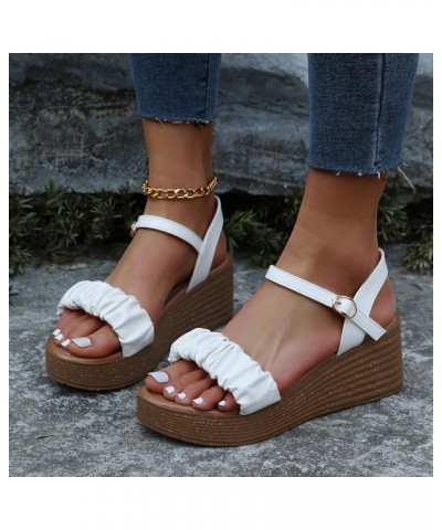 Women Platform Sandals Buckle Color Open Pleated Solid Platform Toe Wedge Ladies Sandals Fashion Casual Women's Sandals (Whit...