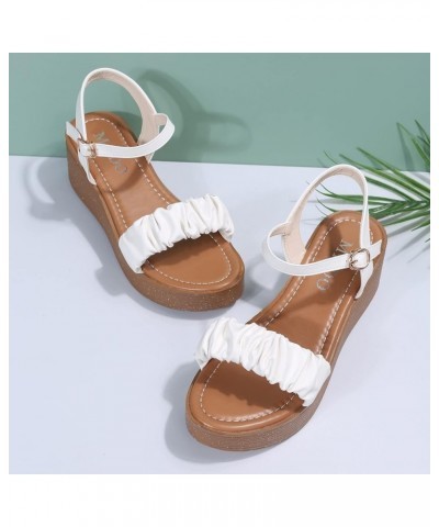 Women Platform Sandals Buckle Color Open Pleated Solid Platform Toe Wedge Ladies Sandals Fashion Casual Women's Sandals (Whit...