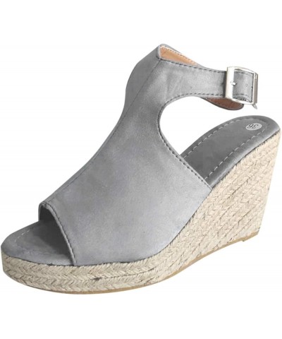 Sandals Women Dressy Summer Flat Fashion Solid Wedges Shoes Casual Sandals Strap Buckle Women's Roman Women's Sandals Grey 6....