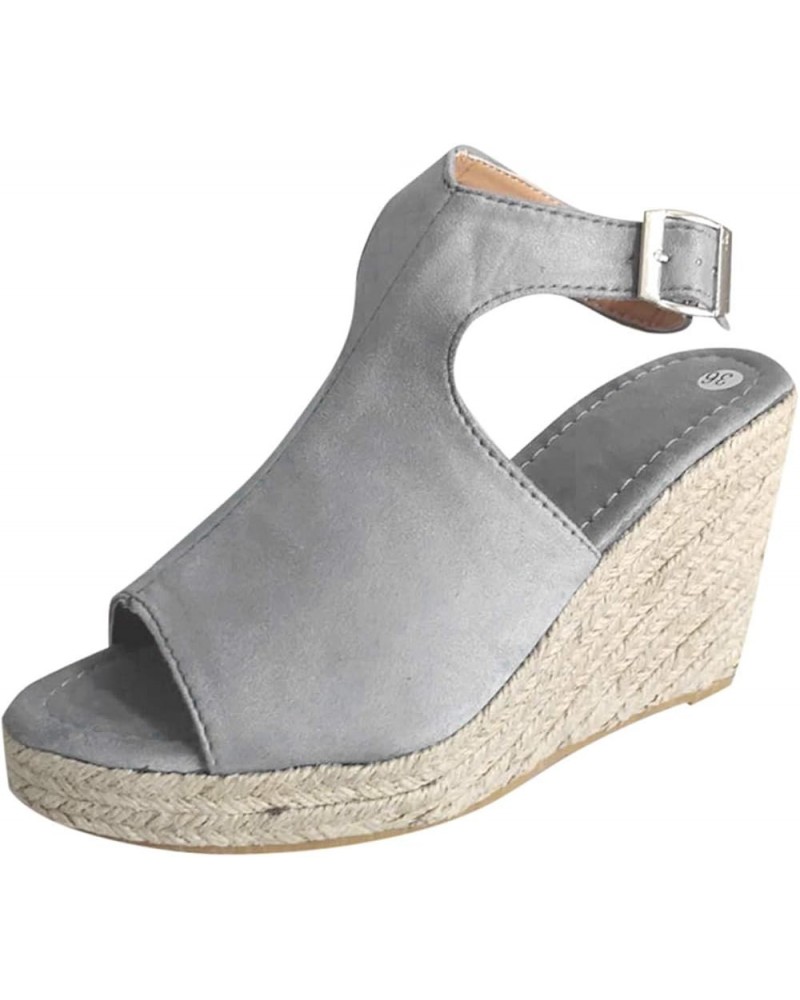 Sandals Women Dressy Summer Flat Fashion Solid Wedges Shoes Casual Sandals Strap Buckle Women's Roman Women's Sandals Grey 6....