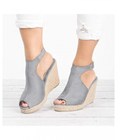 Sandals Women Dressy Summer Flat Fashion Solid Wedges Shoes Casual Sandals Strap Buckle Women's Roman Women's Sandals Grey 6....