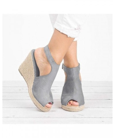 Sandals Women Dressy Summer Flat Fashion Solid Wedges Shoes Casual Sandals Strap Buckle Women's Roman Women's Sandals Grey 6....