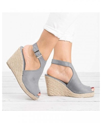 Sandals Women Dressy Summer Flat Fashion Solid Wedges Shoes Casual Sandals Strap Buckle Women's Roman Women's Sandals Grey 6....