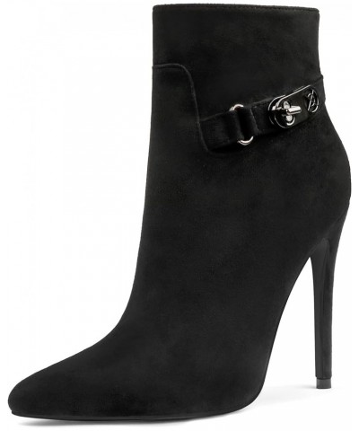 Women's Black Ankle Boots Closed Pointed Toe Stilettos Autumn Dress Booties Black Suede(black Sole) With Buckle $24.29 Boots