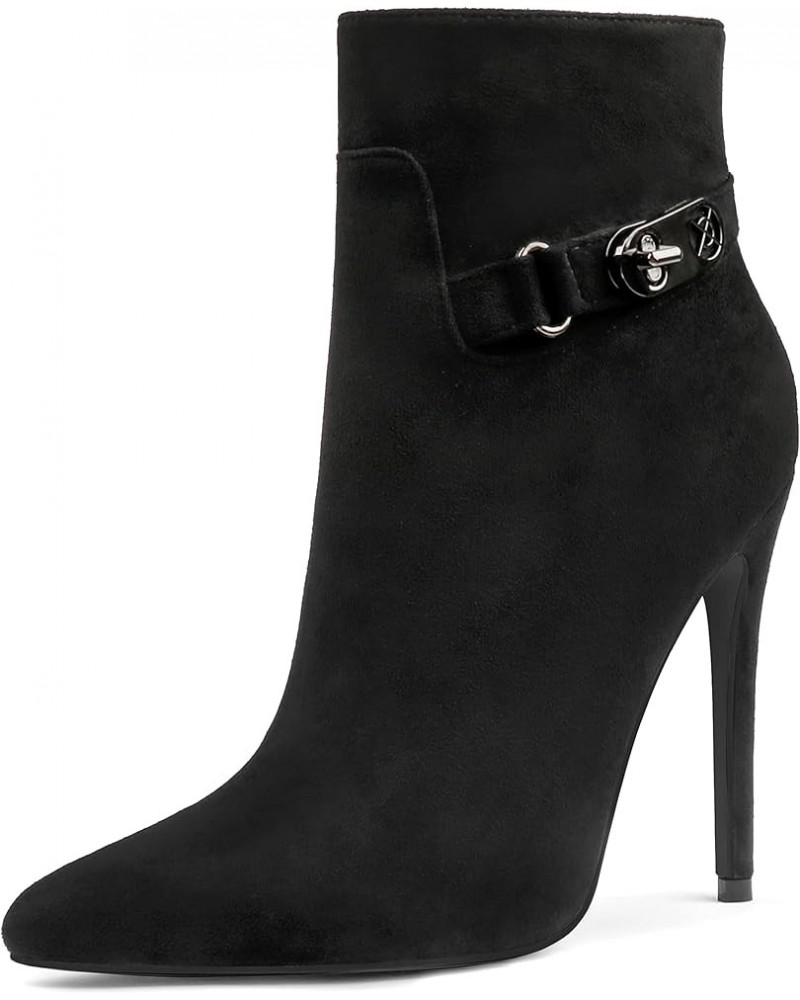 Women's Black Ankle Boots Closed Pointed Toe Stilettos Autumn Dress Booties Black Suede(black Sole) With Buckle $24.29 Boots