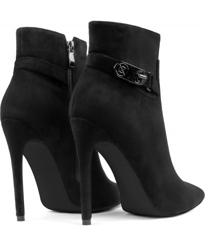 Women's Black Ankle Boots Closed Pointed Toe Stilettos Autumn Dress Booties Black Suede(black Sole) With Buckle $24.29 Boots