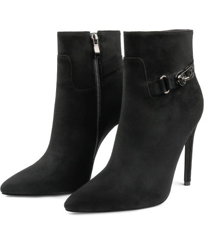 Women's Black Ankle Boots Closed Pointed Toe Stilettos Autumn Dress Booties Black Suede(black Sole) With Buckle $24.29 Boots