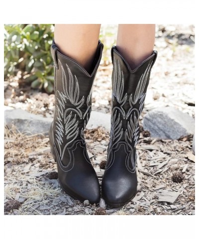 Cowboy Boots For Women Wide Calf Tall Knee High Embroidered Pull-On Fashion Chunky Heel Cowgirl Western Boots Zc-black $23.75...