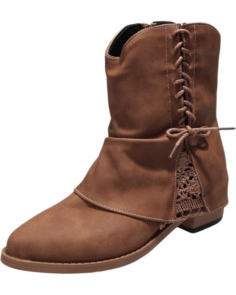 Retro Women Knitting Keep Warm Buckle Strap Keep Warm Middle Tube Booties Round Toe Shoes Z 13-brown $17.47 Boots