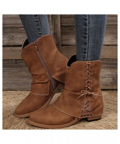 Retro Women Knitting Keep Warm Buckle Strap Keep Warm Middle Tube Booties Round Toe Shoes Z 13-brown $17.47 Boots