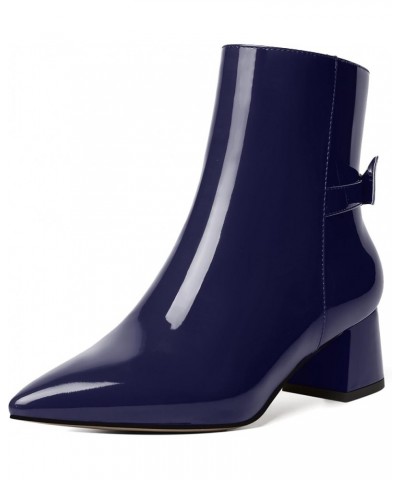 Womens Zip Stylish Dress Wedding Pointed Toe Bow Patent Chunky Low Heel Ankle High Boots 2 Inch Navy Blue $37.75 Boots