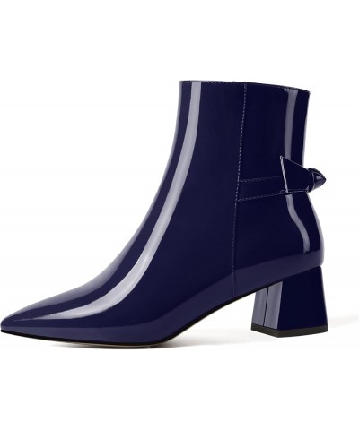 Womens Zip Stylish Dress Wedding Pointed Toe Bow Patent Chunky Low Heel Ankle High Boots 2 Inch Navy Blue $37.75 Boots