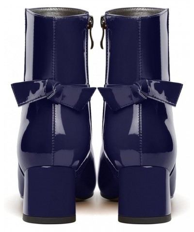 Womens Zip Stylish Dress Wedding Pointed Toe Bow Patent Chunky Low Heel Ankle High Boots 2 Inch Navy Blue $37.75 Boots