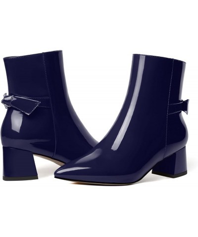 Womens Zip Stylish Dress Wedding Pointed Toe Bow Patent Chunky Low Heel Ankle High Boots 2 Inch Navy Blue $37.75 Boots