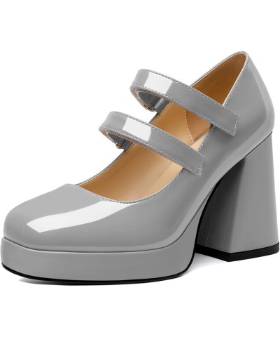 Platform Mary Janes Women Chunky Block Heel Pumps Closed Round Toe 4 Inch Double Strap High Heel Shoes Patent Grey $33.74 Pumps