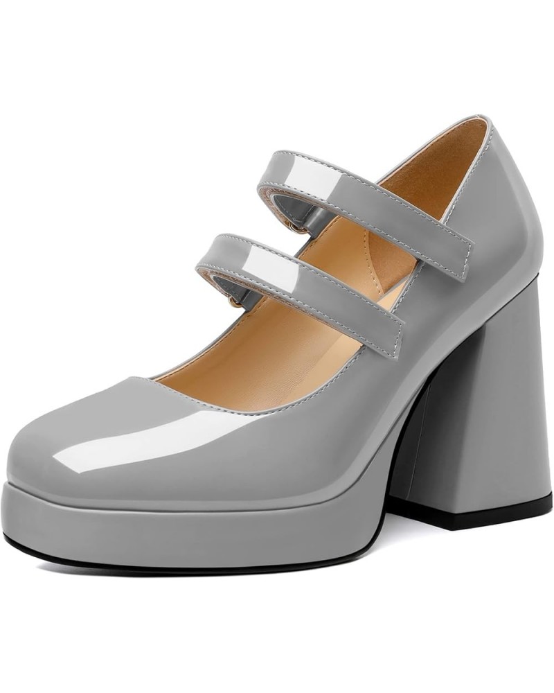 Platform Mary Janes Women Chunky Block Heel Pumps Closed Round Toe 4 Inch Double Strap High Heel Shoes Patent Grey $33.74 Pumps