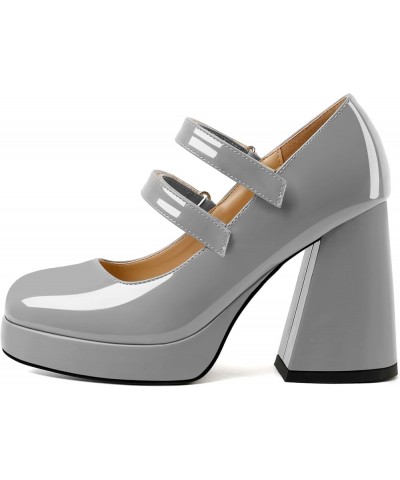 Platform Mary Janes Women Chunky Block Heel Pumps Closed Round Toe 4 Inch Double Strap High Heel Shoes Patent Grey $33.74 Pumps